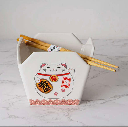 16oz 5"W X 4"H Takeout Box Serving Bowl with Chopsticks Lucky Cat