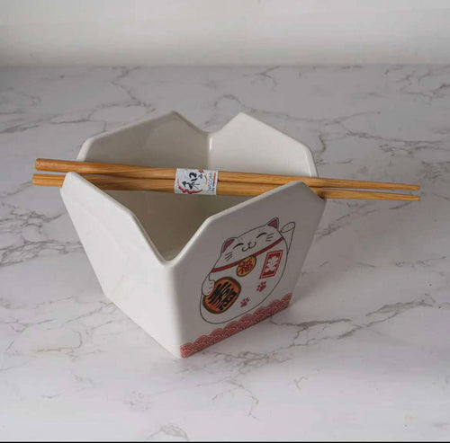 16oz 5"W X 4"H Takeout Box Serving Bowl with Chopsticks Lucky Cat