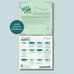 2026 Wellness Wall Calendar | Live Love Spa featuring a self care club introduction and a colorful events schedule for wellness activities across multiple cities throughout the year.