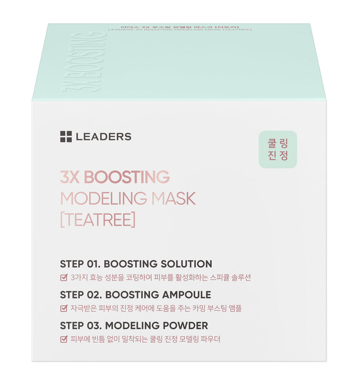 White and pastel green skincare product box featuring the 3X Boosting Modeling Mask - TeaTree | Leaders, highlighting steps for boosting solution, ampoule, and modeling powder for skincare and wellness.
