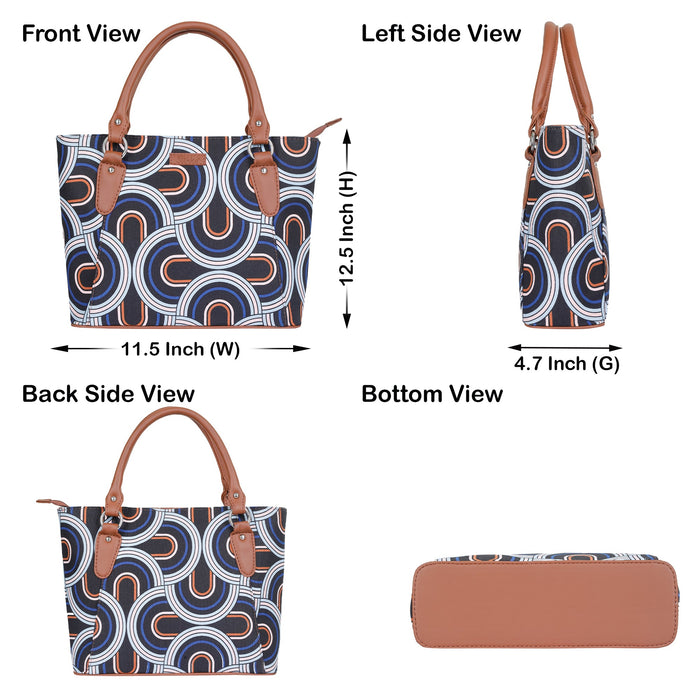 Women’s abstract handcrafted printed canvas tote bag with vegan leather handles- infographic image