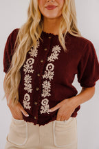 Maroon Short Sleeve Cardigan- Women's Embroidered Cardigan- Women's Sweater Tops