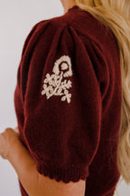 Maroon Short Sleeve Cardigan- Women's Embroidered Cardigan- Women's Sweater Tops