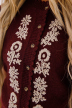 Maroon Short Sleeve Cardigan- Women's Embroidered Cardigan- Women's Sweater Tops