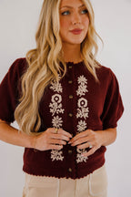 Maroon Short Sleeve Cardigan- Women's Embroidered Cardigan- Women's Sweater Tops