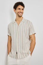 Amalfi Collared Button Front Shirt with Short Sleeves in Amalfi Stripe Colorway. Front View Shown on Model.