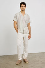 Amalfi Collared Button Front Shirt with Short Sleeves in Amalfi Stripe Colorway. Front View Shown on Model.