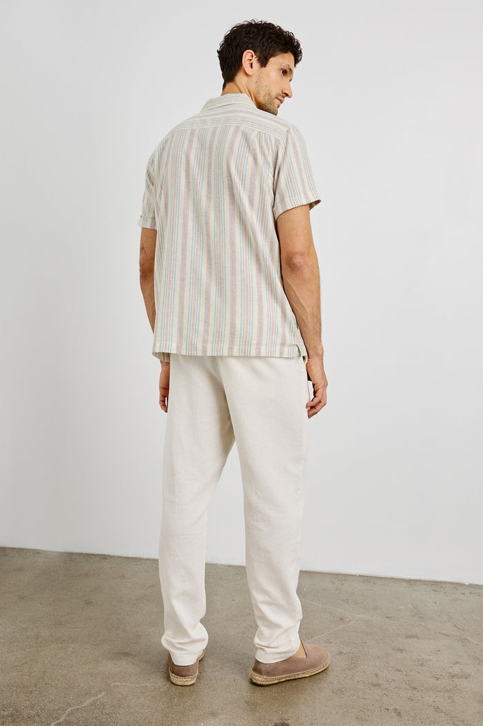 Amalfi Collared Button Front Shirt with Short Sleeves in Amalfi Stripe Colorway. Back View Shown on Model.