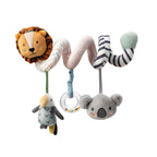 The Animal Adventures Bundle is a soft, spiral baby toy with plush lion, toucan, and koala in pastels plus a clear rattle ring. Wraps around crib or stroller bar—ideal for animal fun and a thoughtful baby shower gift.
