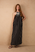 Black Embroidered Flower Adjustable Straps Cotton Maxi Dress_1