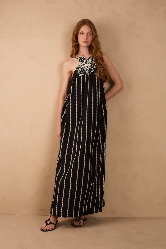 Black Embroidered Flower Adjustable Straps Cotton Maxi Dress_1