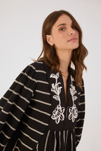 Black Embroidered Flowers V Neck Cotton Mini Dress_4