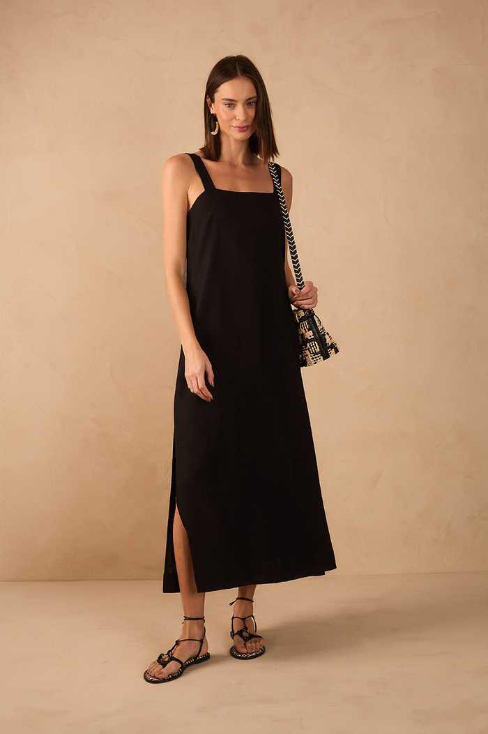 Black Square Neck Back Ties Slits Maxi Dress_1