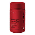 Red supplement bottle labeled 'Blood Sugar & Cycle Sync' on a white background