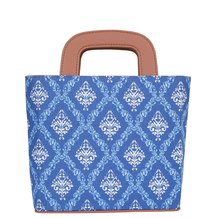 Women’s blue handcrafted printed canvas tote handbag with vegan leather handles for travel, work and everyday use-back view