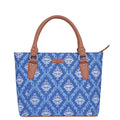 Women’s blue handcrafted printed canvas tote bag with vegan leather handles