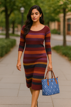 Women’s blue handcrafted printed canvas tote bag with vegan leather handles-model image