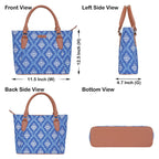 Women’s blue handcrafted printed canvas tote bag with vegan leather handles-infographic image