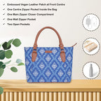 Women’s blue handcrafted printed canvas tote bag with vegan leather handles-feature image