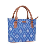 Women’s blue handcrafted printed canvas tote bag with vegan leather handles-half side view