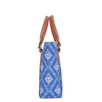 Women’s blue handcrafted printed canvas tote bag with vegan leather handles-bottom view