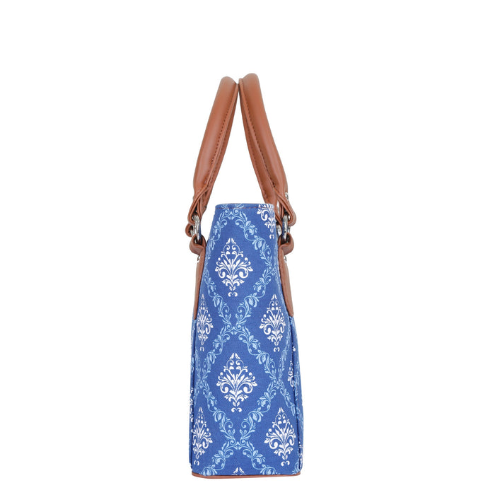 Women’s blue handcrafted printed canvas tote bag with vegan leather handles-bottom view