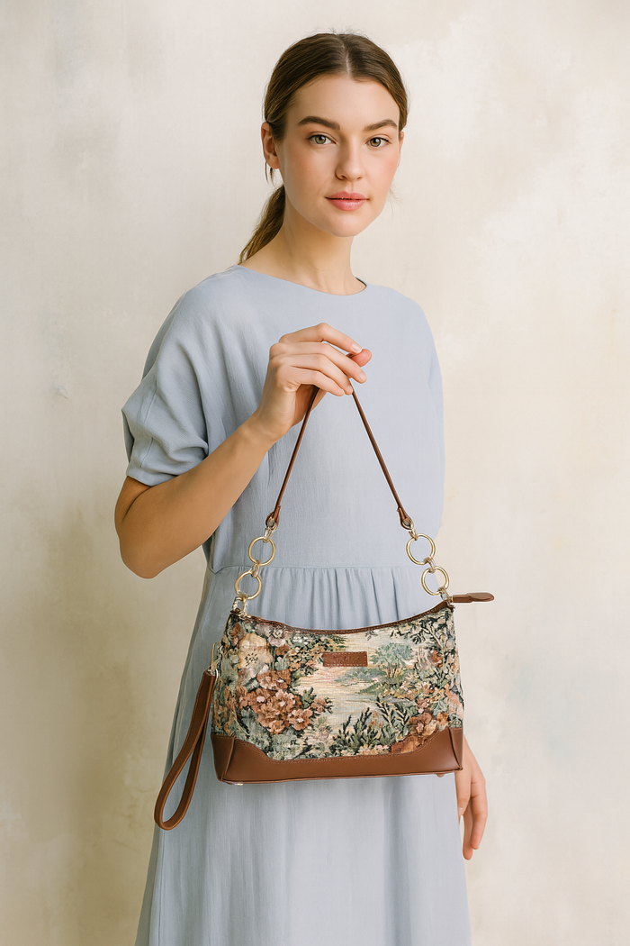 Women's Botanical Tapestry Chain Shoulder Bag with Leather Trim - Canada & USA-model image