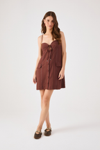 Brown Stripes Lurex Front Ties Sleeveless Buttoned Linen Mini Dress_2