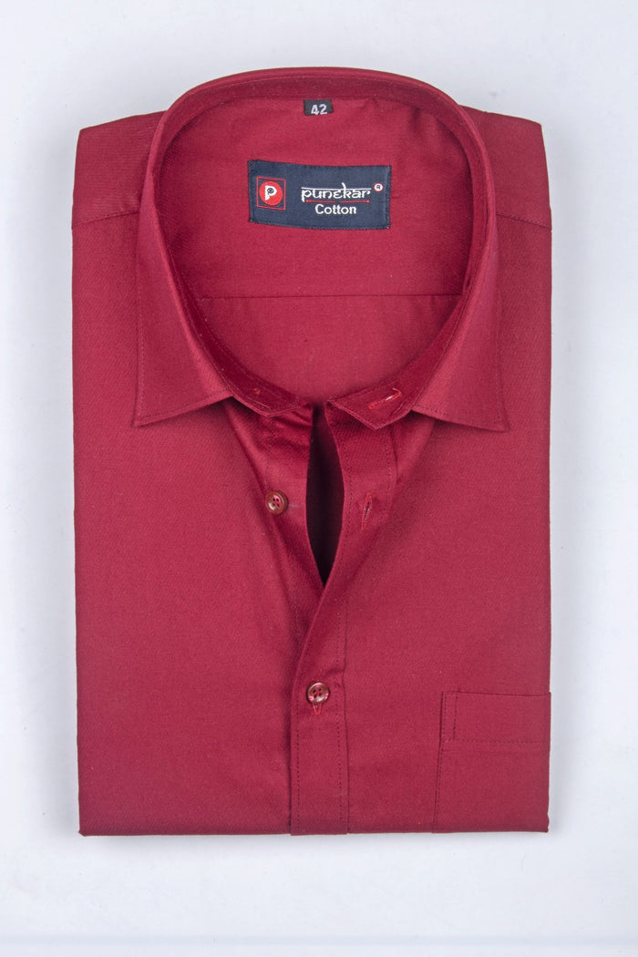 Punekar Cotton Cardinal Red Color 100% Mercerised Cotton Diagonally Woven Formal Shirt for Men's. - Punekar Cotton