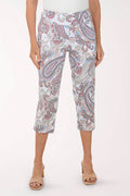 Person wearing a patterned capri pants on a white background