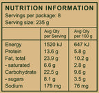 Nutrition label showing energy, protein, fat, carbs, sugars, and sodium per serving for organic ready meals