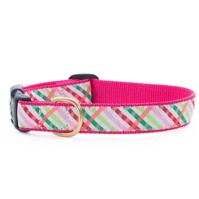Dog collar with pink and plaid pattern on a white background