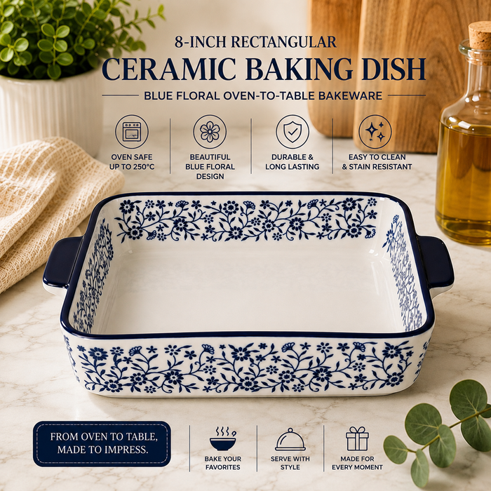 DANNY HOME ceramic baking dish
8 inch rectangular baking dish
ceramic casserole dish
blue floral baking dish
rectangular ceramic bakeware
ceramic baking dish with handles
oven to table casserole dish
premium ceramic bakeware
ceramic oven dish Pakistan
glazed ceramic baking dish
DANNY HOME 8-inch rectangular ceramic baking dish with blue floral pattern and integrated side handles for baking and serving.