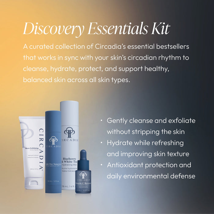 Image showing Discovery Essentials Kit | Circadia with three skincare products on a gradient background and text describing benefits like cleansing, hydrating, and antioxidant protection for balanced skin.
