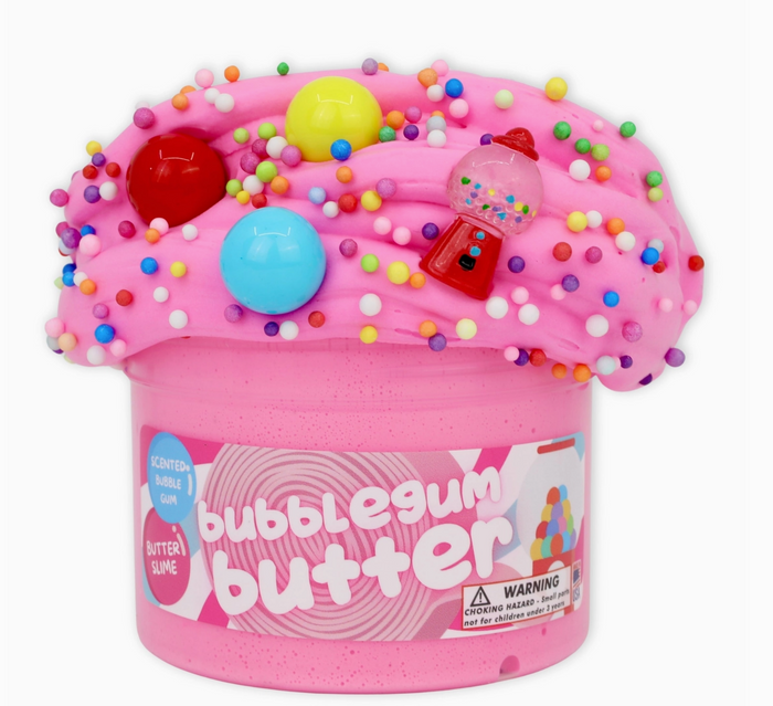 Pink container of bubblegum butter slime with colorful toppings on a white background