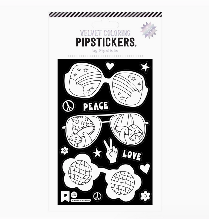 A sheet of black and white coloring stickers by Pippistickers, featuring retro sunglasses with peace and love motifs, hearts, stars, and doodles, on a white background.