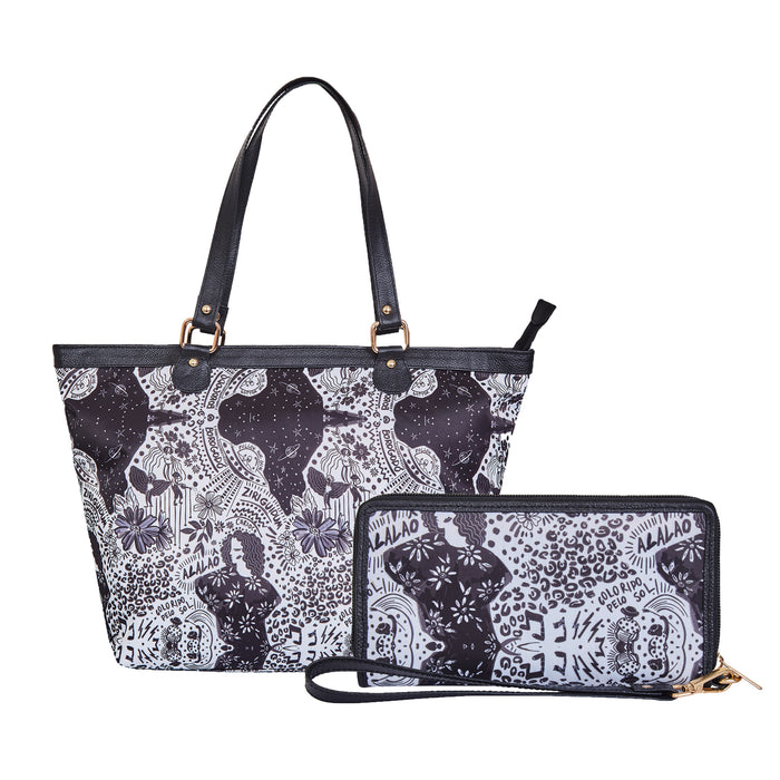 Women's Black Shoulder Tote Bag with Wristlet Wallet Combo for Work & Travel