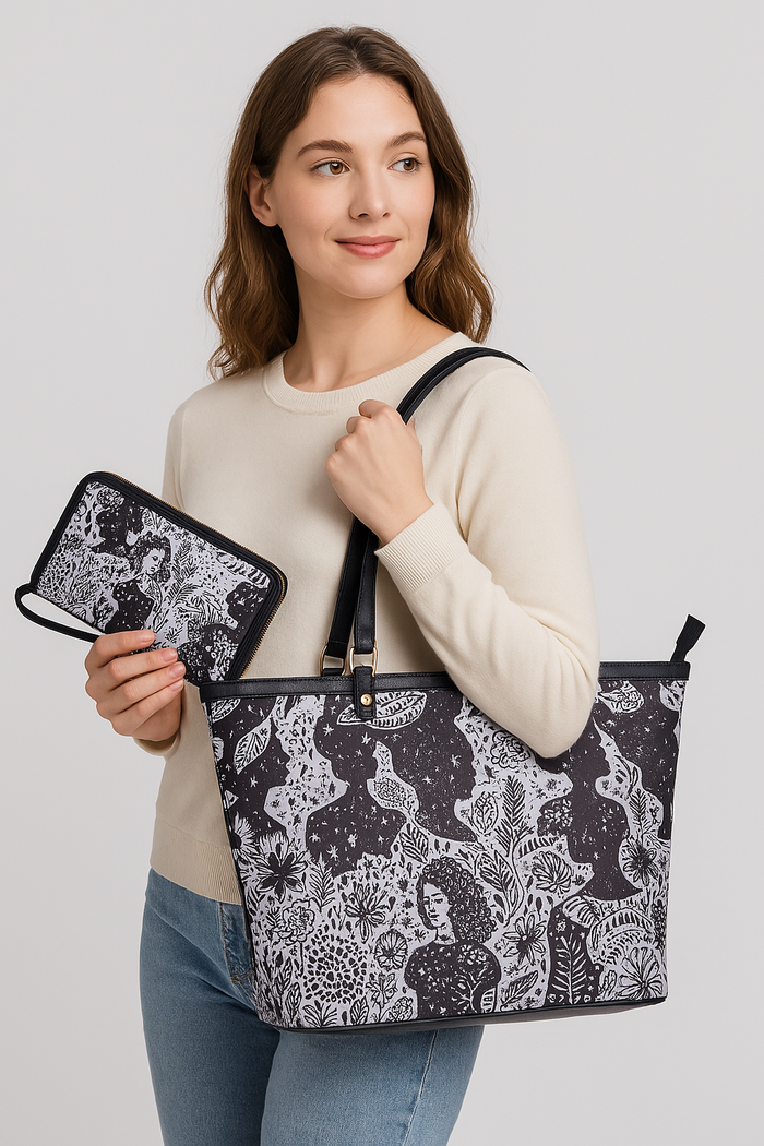 Women's Black Shoulder Tote Bag with Wristlet Wallet Combo for Work & Travel