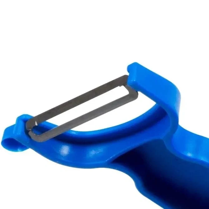 Blue European style vegetable peeler on a white background.