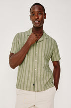 Fielder Button Front Shirt With Short Sleeves and Relaxed Boxy Fit in Sage Brush Stripe Colorway - Upper Body Front View Featured on Model