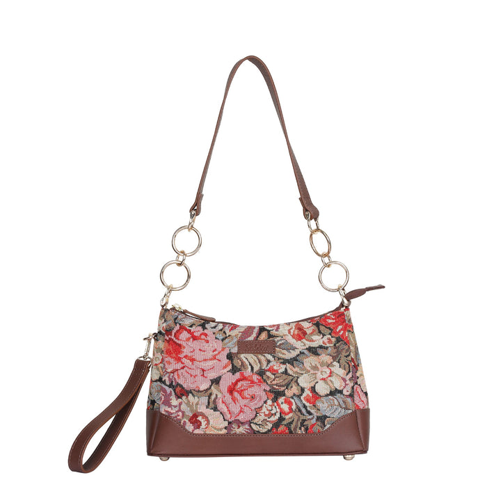 Women's Floral Tapestry Chain Shoulder Bag with Leather Trim - Canada & USA