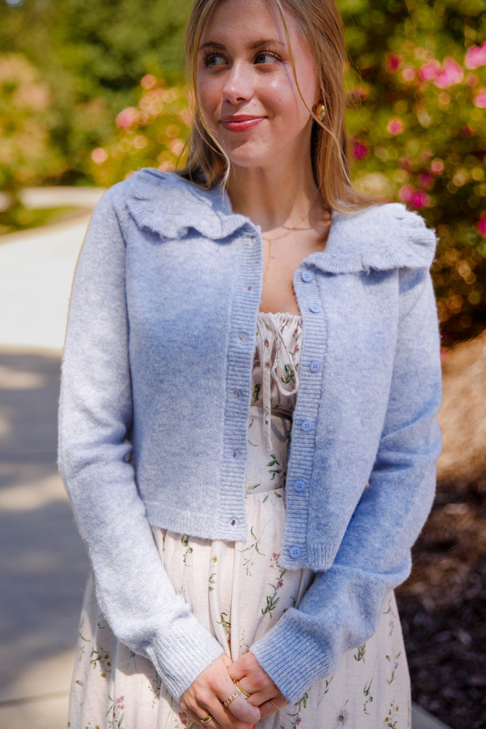 Ruffled Collar Cardigan- Light Blue Cardigan with Ruffle Collar - Mable Classic Cardigan