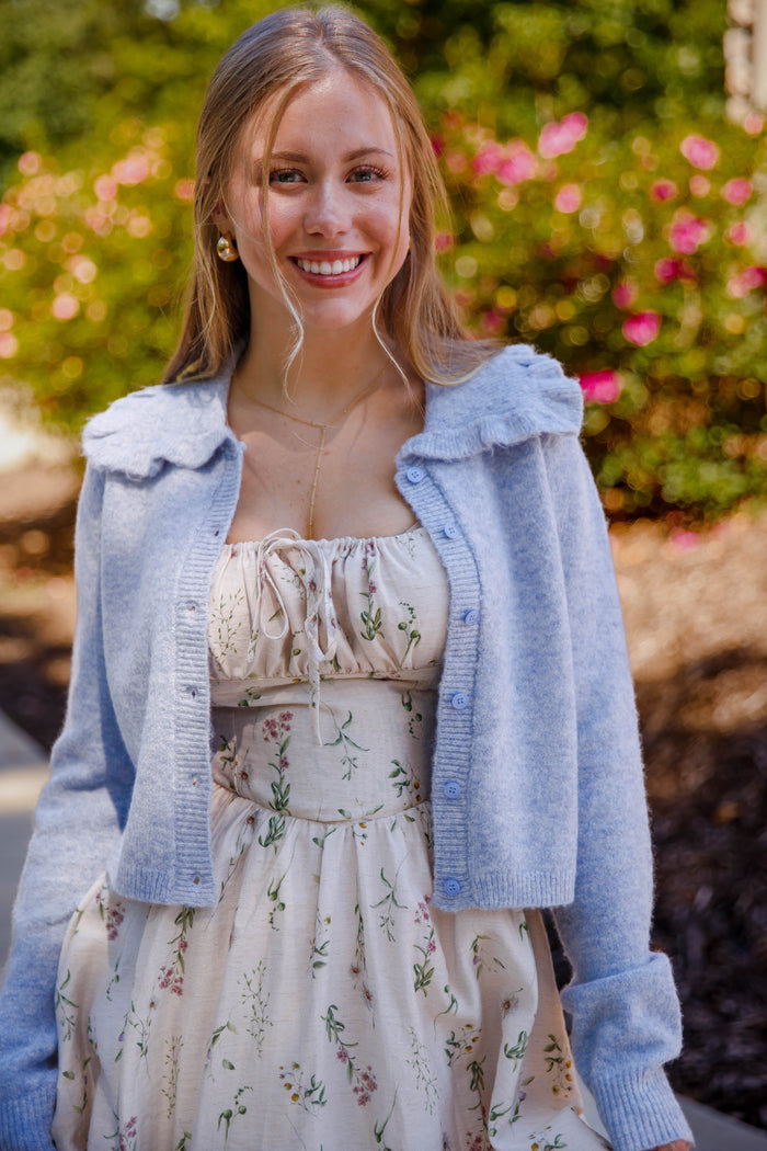 Ruffled Collar Cardigan- Light Blue Cardigan with Ruffle Collar - Mable Classic Cardigan