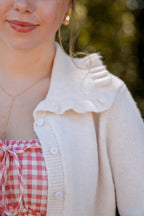 Ruffled Collar Cardigan- Beige Cardigan with Ruffle Collar - Mable Classic Cardigan