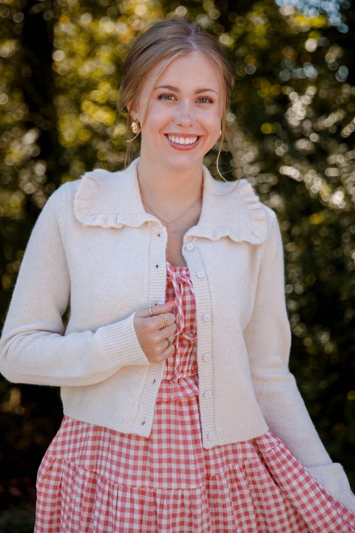 Ruffled Collar Cardigan- Beige Cardigan with Ruffle Collar - Mable Classic Cardigan