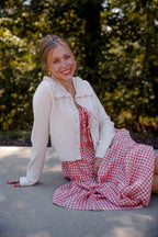 Ruffled Collar Cardigan- Beige Cardigan with Ruffle Collar - Mable Classic Cardigan