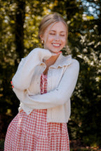 Ruffled Collar Cardigan- Beige Cardigan with Ruffle Collar - Mable Classic Cardigan