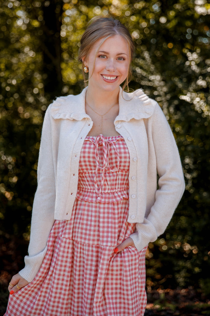 Ruffled Collar Cardigan- Beige Cardigan with Ruffle Collar - Mable Classic Cardigan