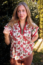Floral Cotton Flutter Sleeve Blouse- Women's Cotton Tops- Entro Tops