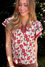 Floral Cotton Flutter Sleeve Blouse- Women's Cotton Tops- Entro Tops